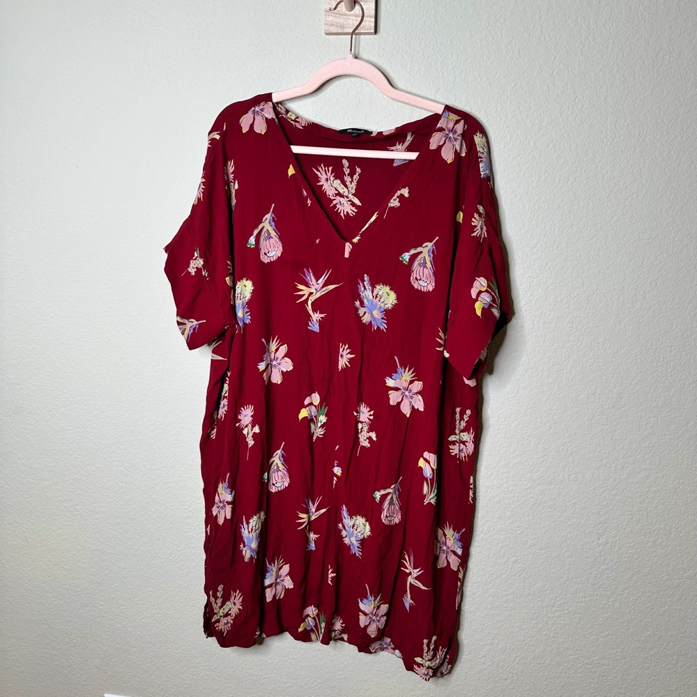 Madewell Red Floral Bird of Paradise V-Neck Shift Dress XL Viscose Short Sleeve